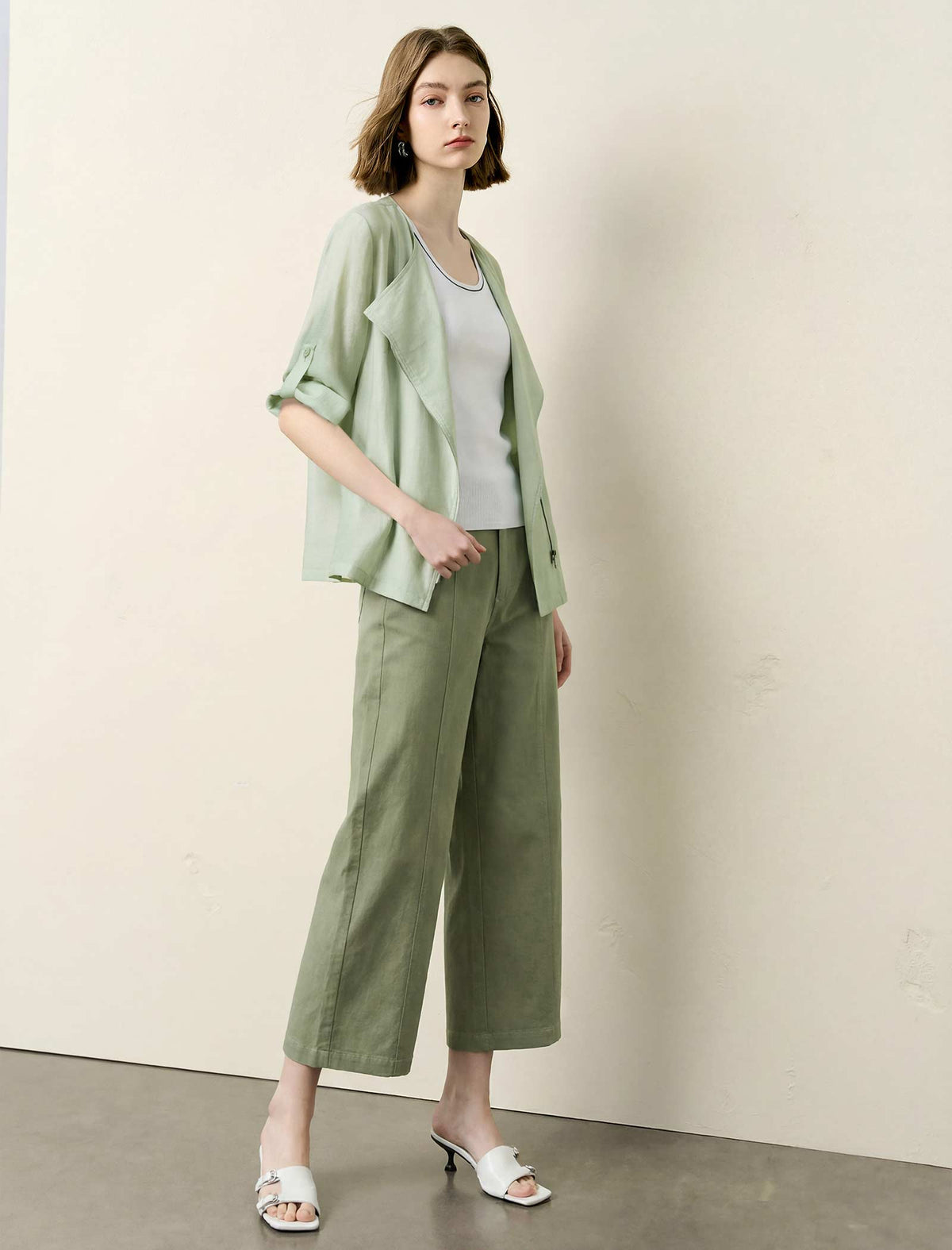 Light Sage Roll Tab Sleeve Open Front Moto Jacket