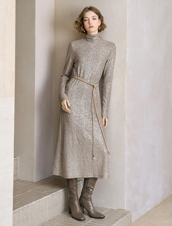 All-Over Sequin Turtleneck Midi Dress