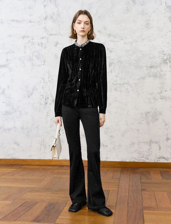 Black Velvet Embellished Button-Up Top