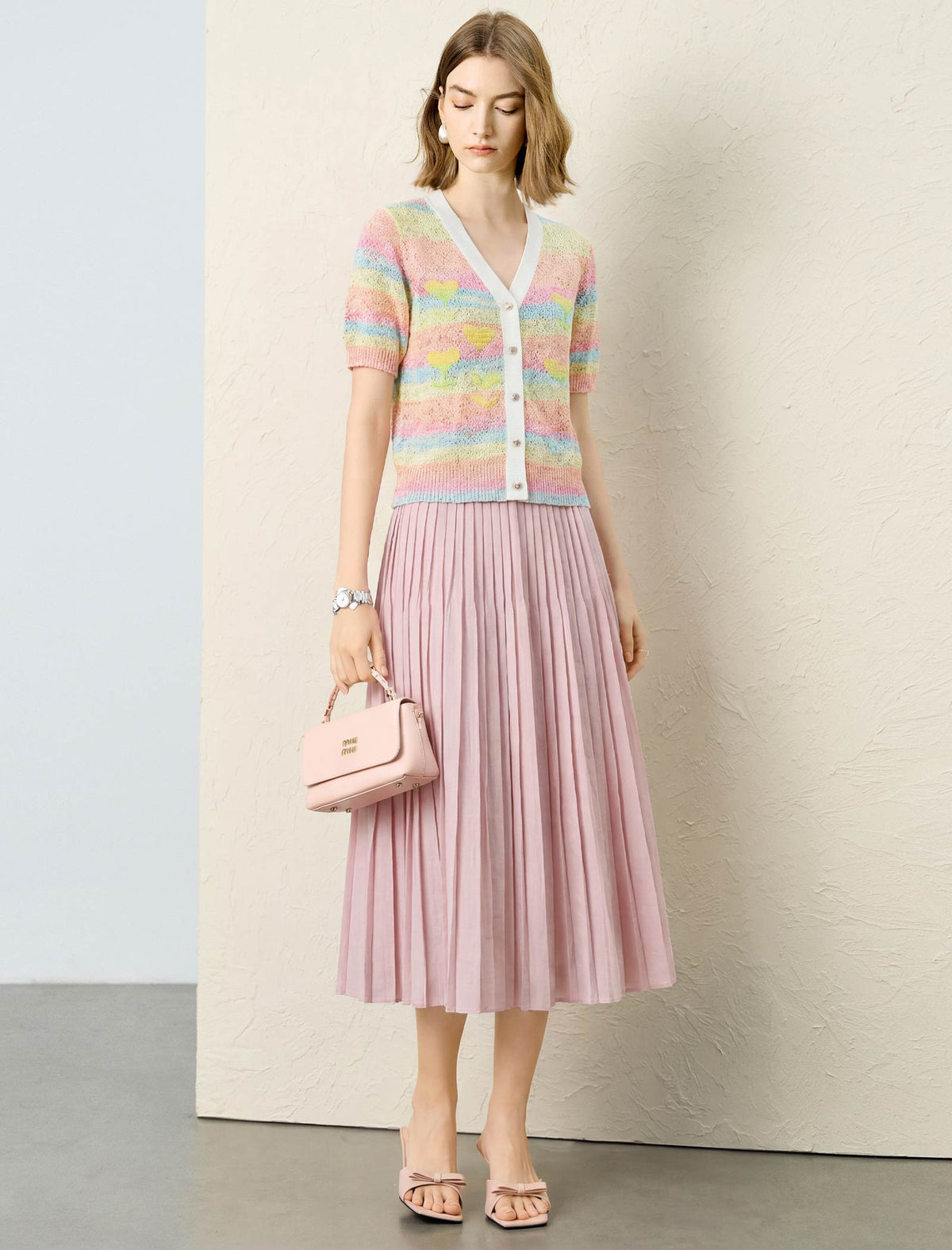 Pastel Rainbow Stripe Heart Knit Short Sleeve Cardigan