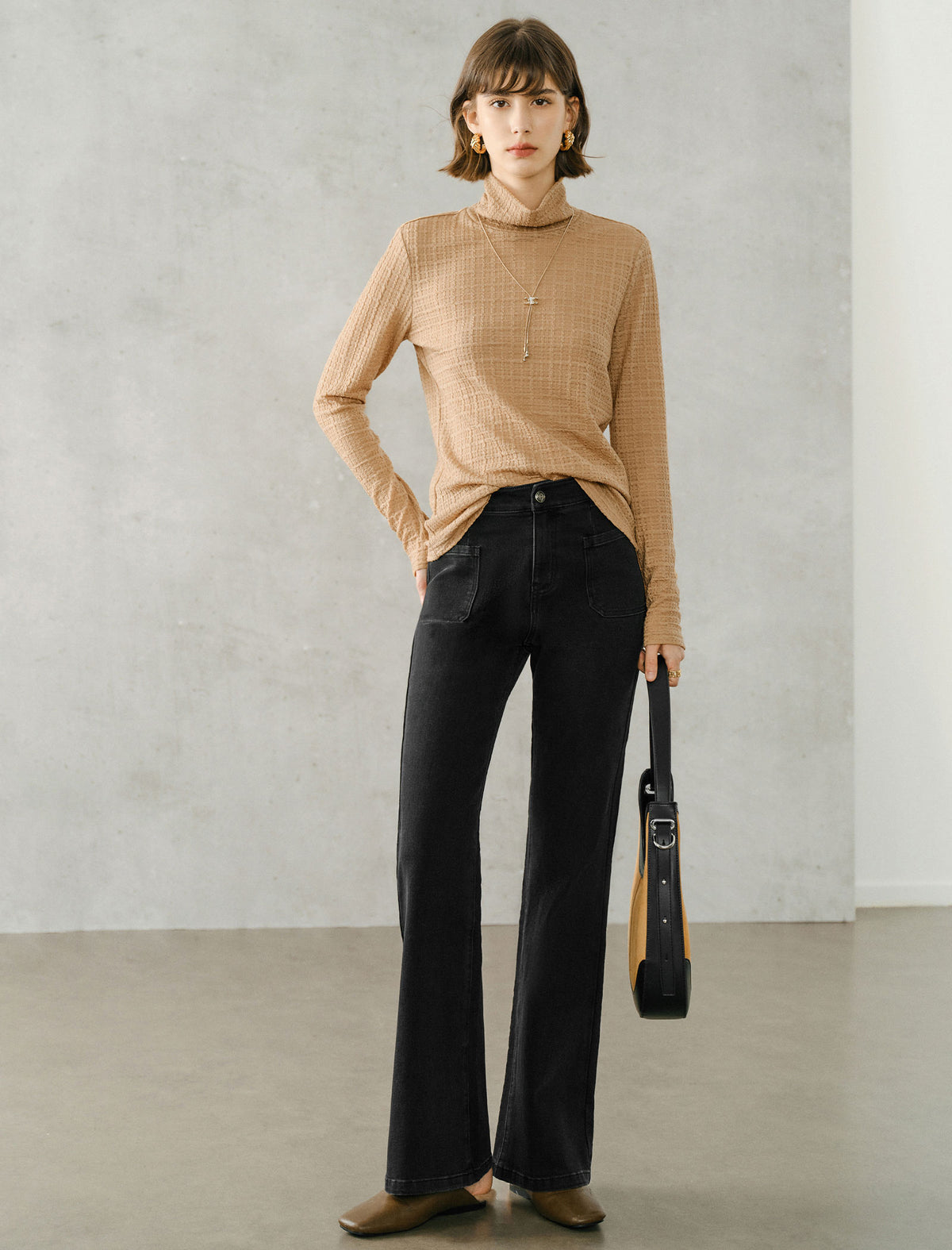 Wool Blend Textured Turtleneck Long Sleeve Knit Top