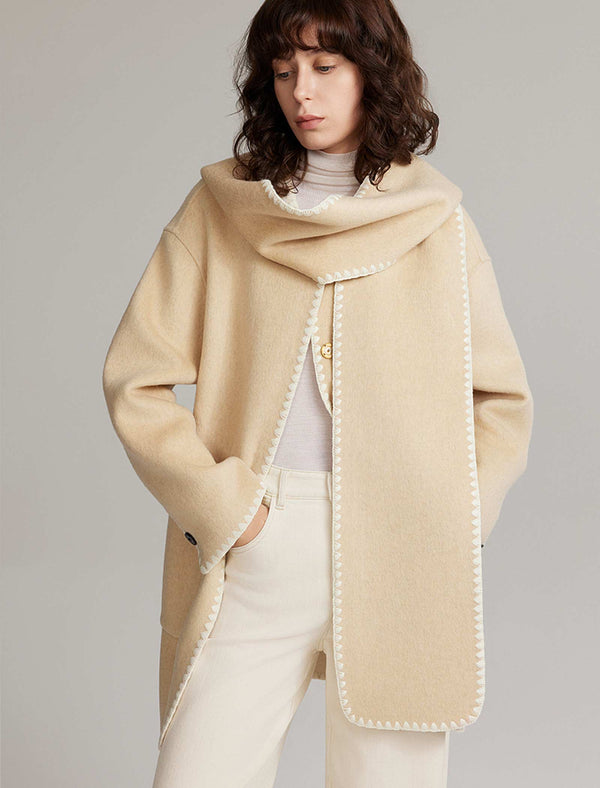 Wool-Blend Contrast Stitching Hooded Coat