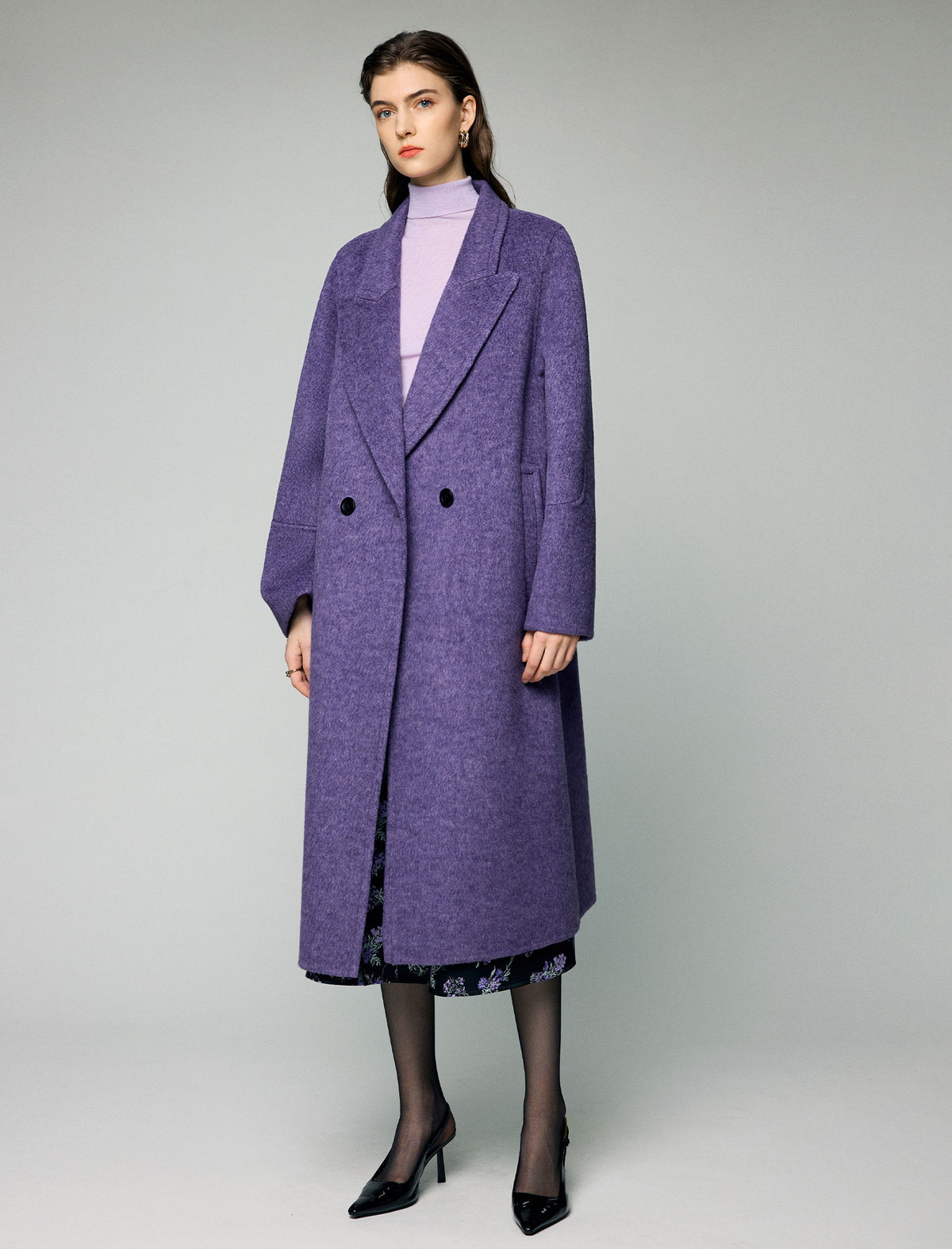 Wool Blend Notched-Lapel Double-Breasted Relaxed Long Coat