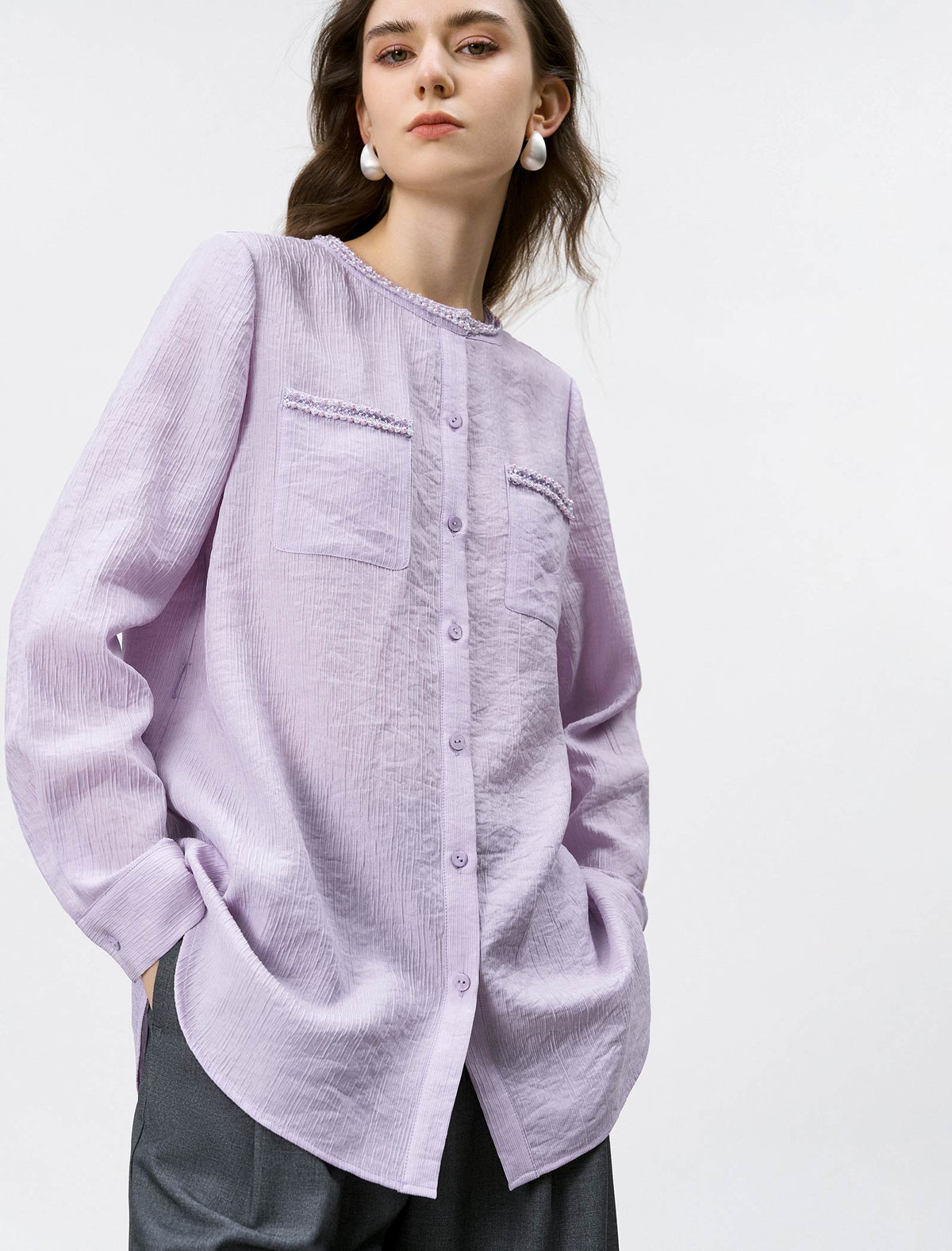 Lilac Mandarin Collar Beaded Trim Blouse
