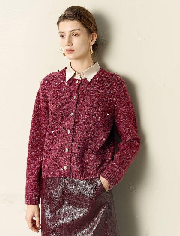 Burgundy Sequin-Embellished Cardigan