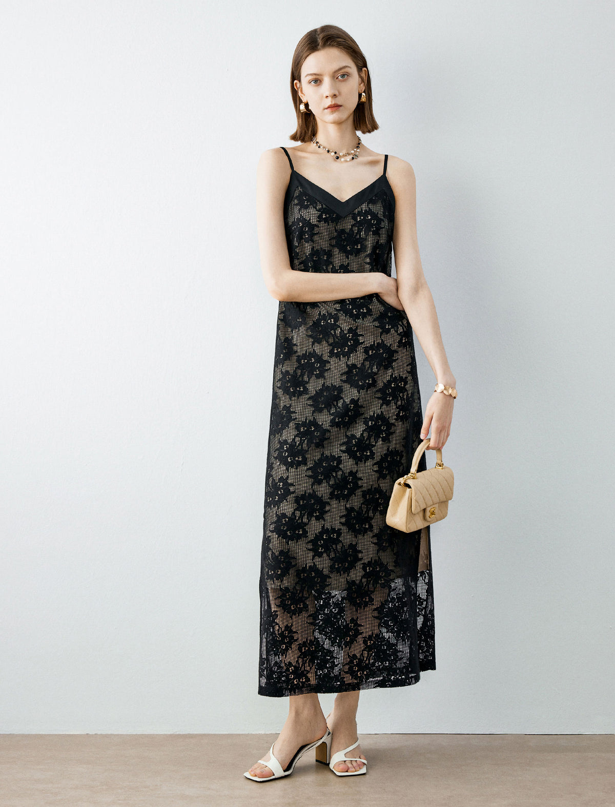 Black Floral Lace Maxi Slip Dress