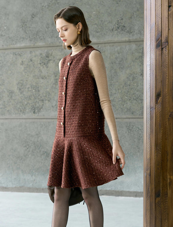 Brown Vintage Round Neck Sleeveless Midi Dress