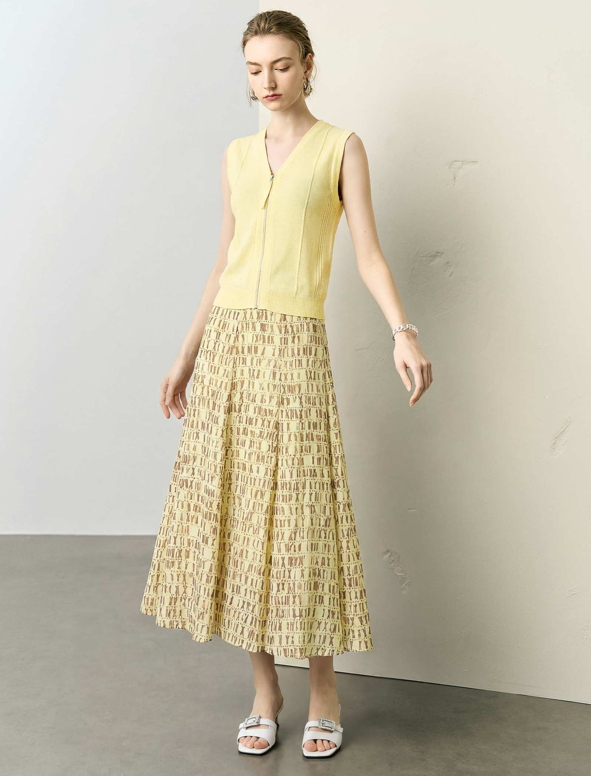 Butter Yellow Printed A-Line Midi Skirt