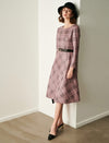 Plaid Crewneck Belted Midi Dress