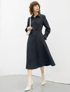 Solid Long Sleeve Pocket A-Line Dress