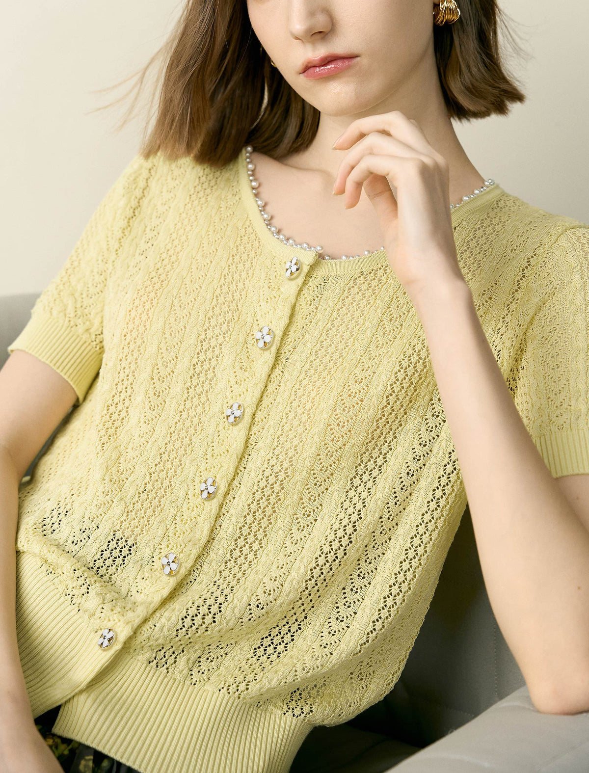 Pale Yellow Tencel Pearl Trim Knit Cardigan