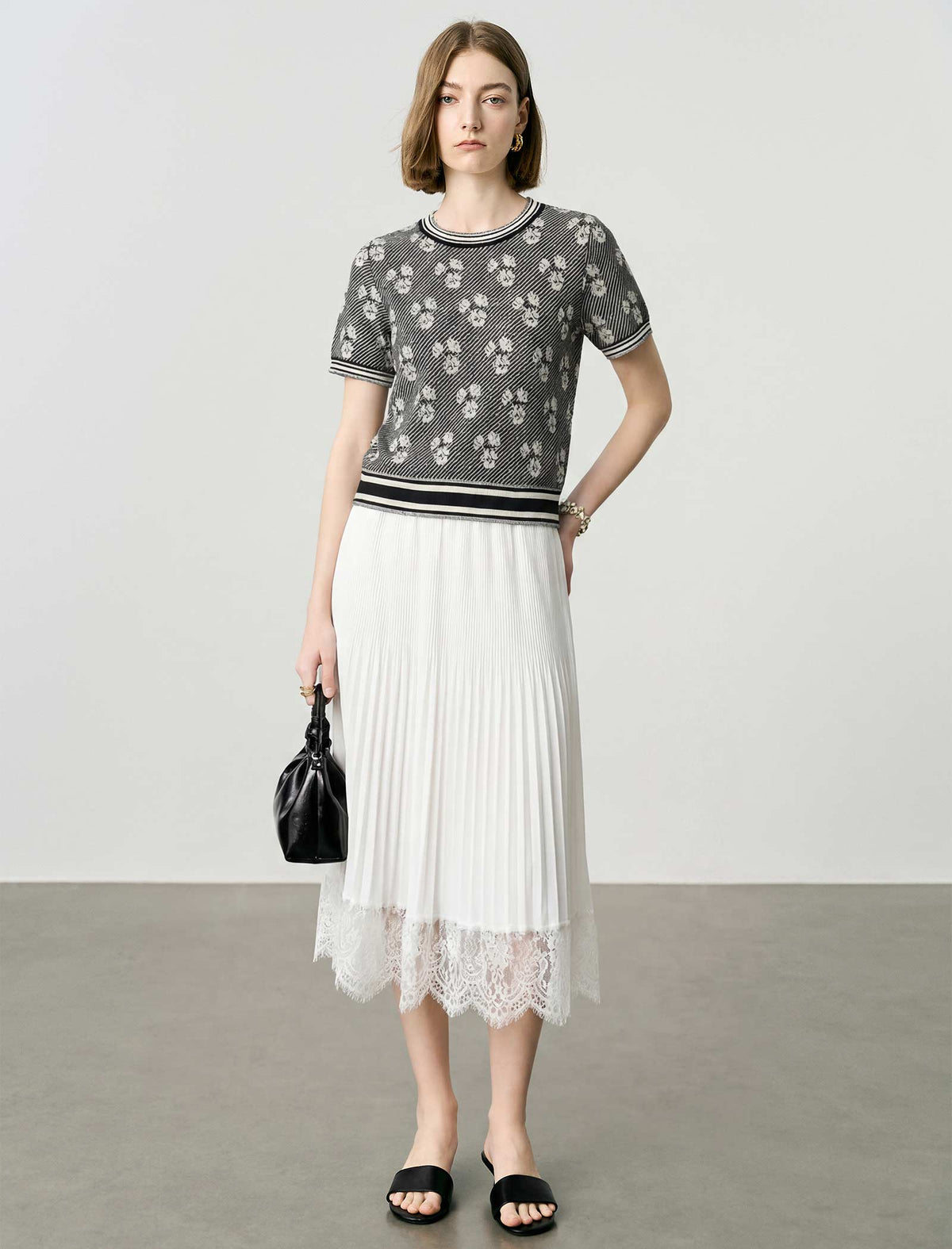 Floral Jacquard Short-Sleeve Knit Top
