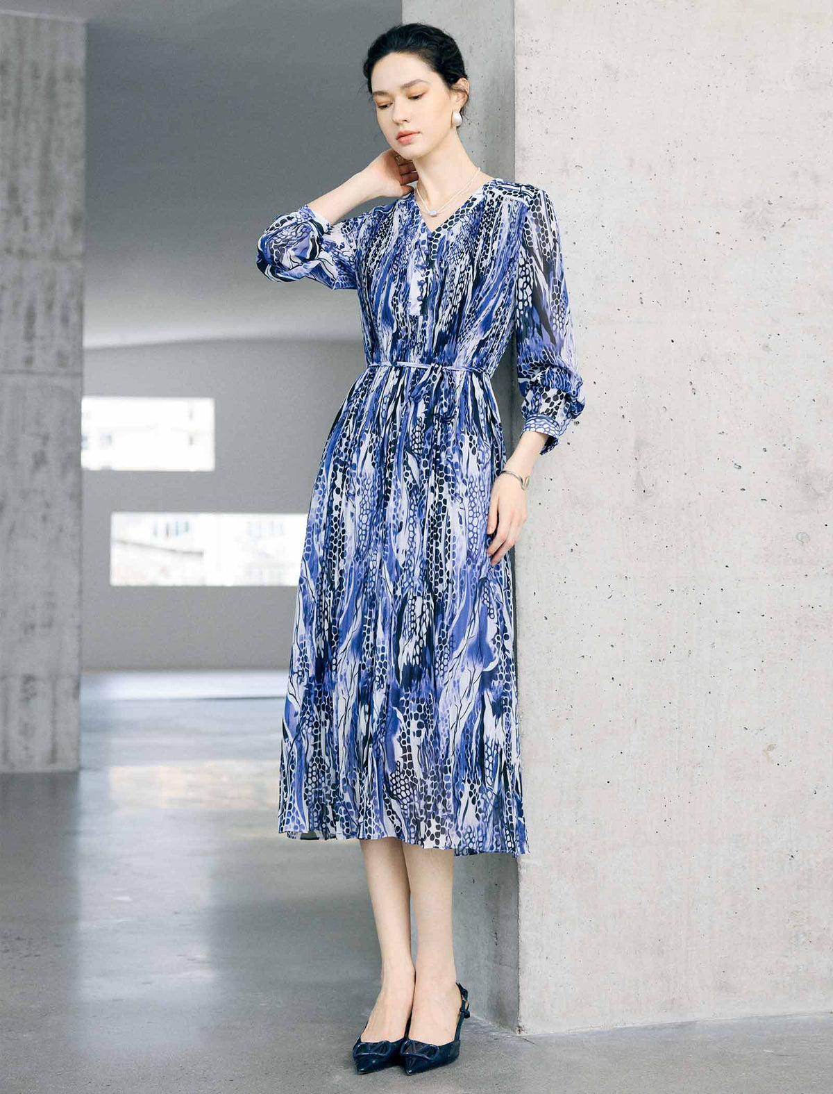 Abstract Floral Print Belted Long Sleeve Midi Dress