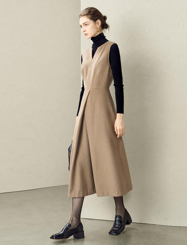 Camel Wool-Blend Sleeveless Midi Dress