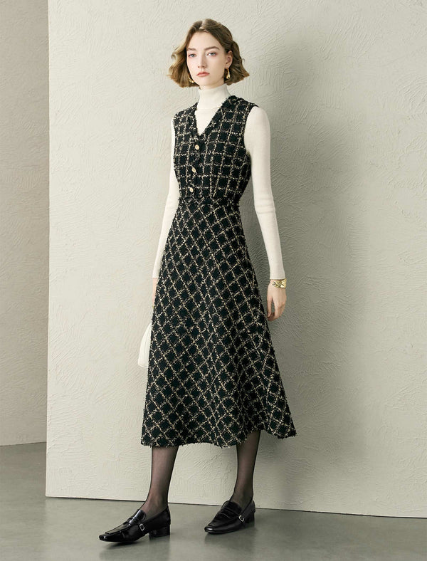 Tweed Check A-Line Sleeveless Midi Dress