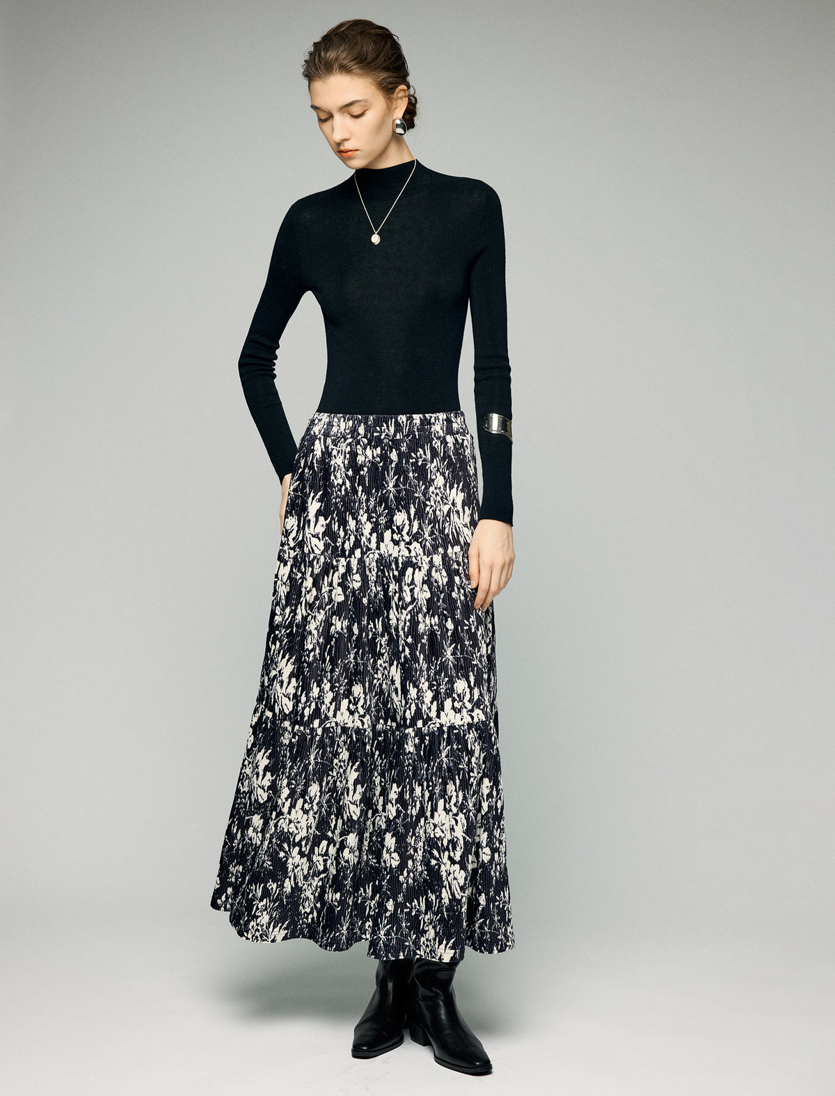 Watercolor Floral Tiered Elastic-Waist A-Line Midi Skirt