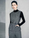 Wool Blend Crewneck Belted Pocket Sleeveless Vest