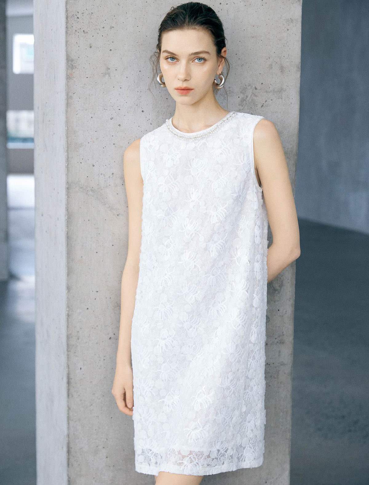 White Beaded Neck Textured Lace Sleeveless Shift Mini Dress