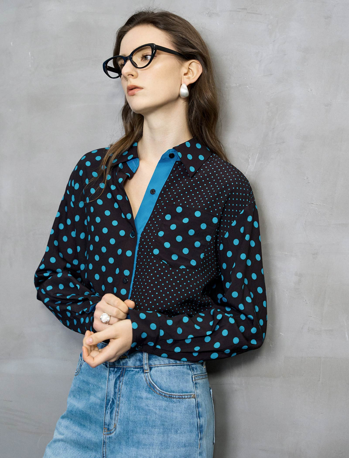 Black And Turquoise Polka Dot Asymmetric Blouse