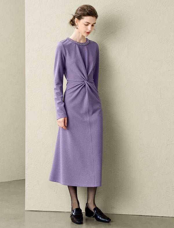 Lavender Beaded Neckline Twist Detail Midi Dress