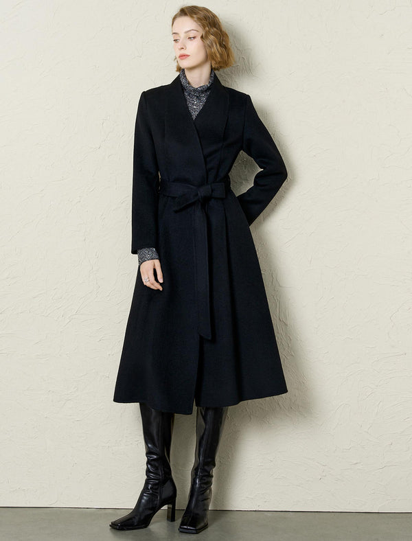 Black Wool-Cashmere Blend Self-Tie Wrap Coat