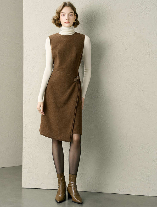 Wool-Blend Asymmetric Hem Leather Buckle Sleeveless Midi Dress