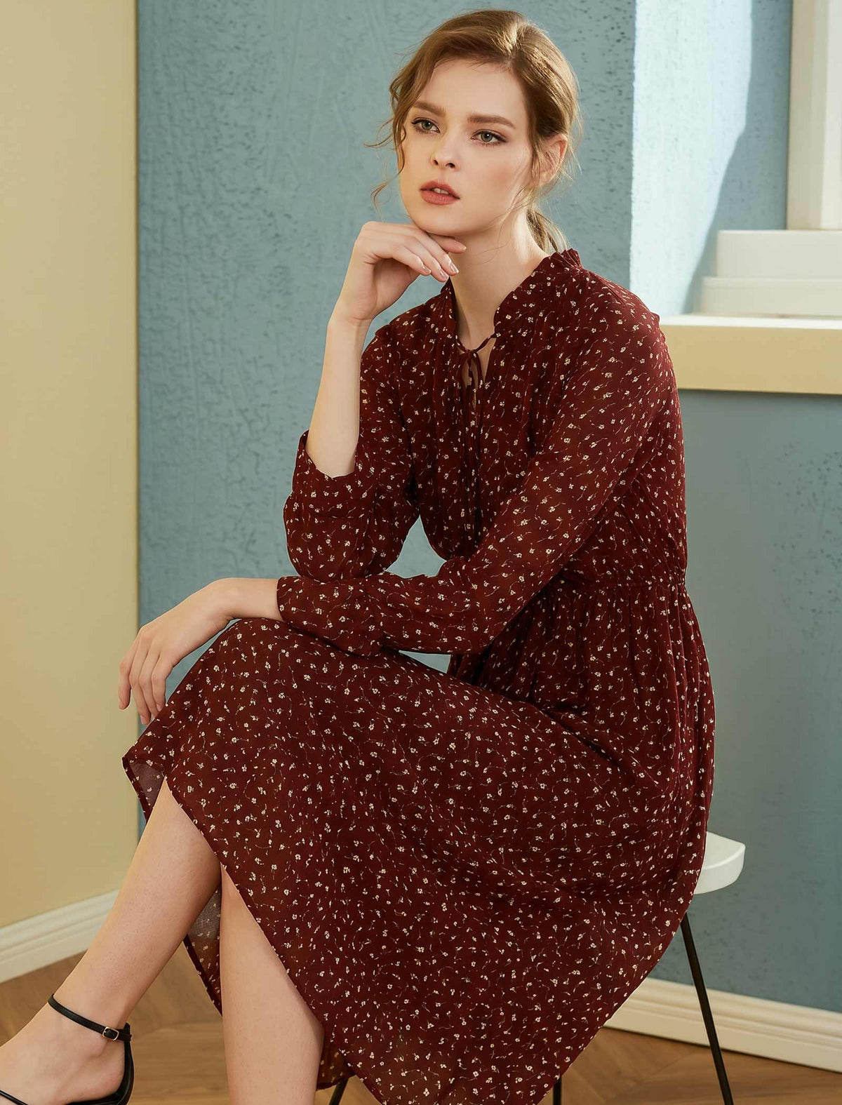 Burgundy Ditsy-Print Long-Sleeve Midi Dress
