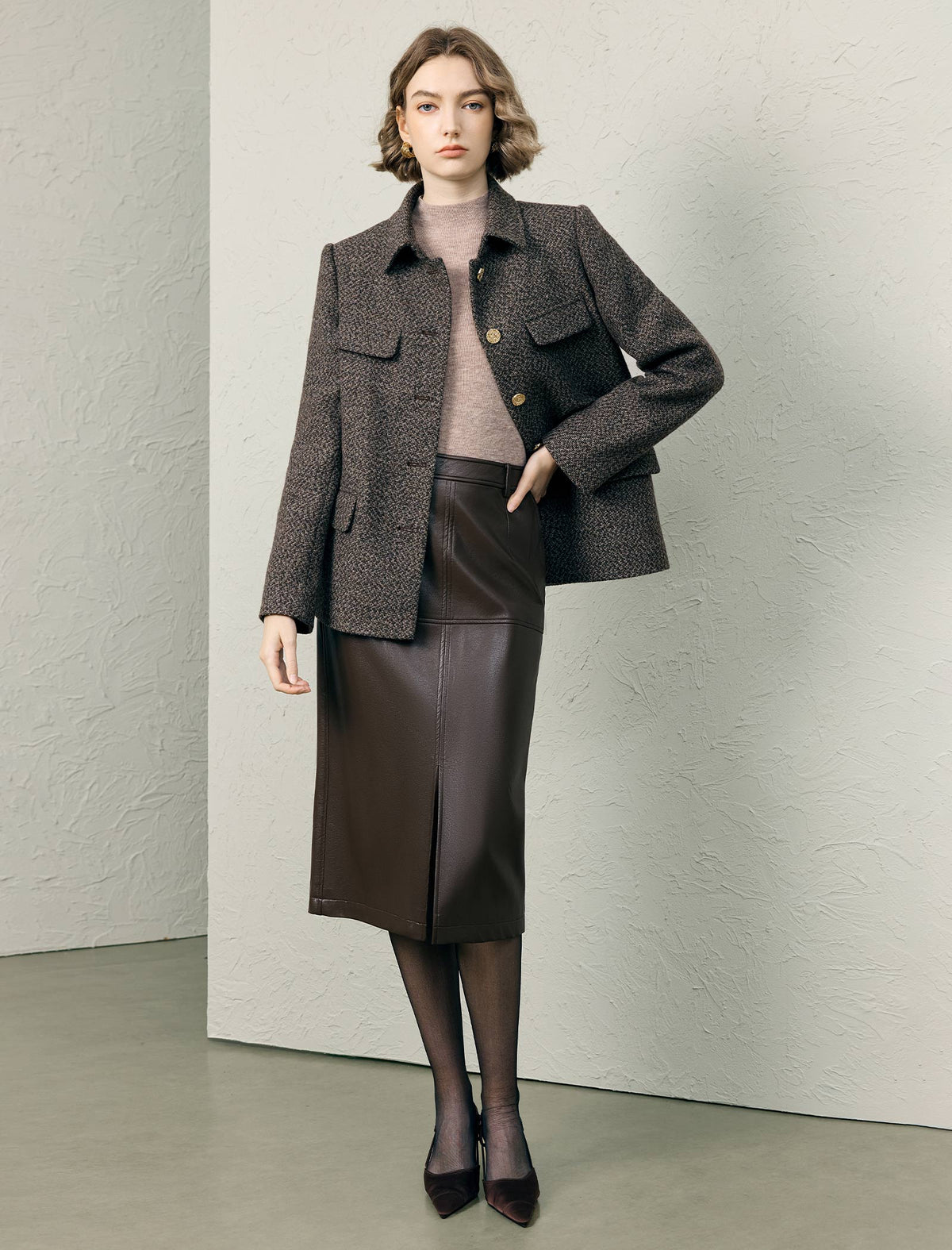 Wool Blend Textured Collared Belted Utility Jacket