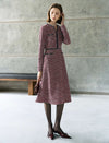 Jacquard Plaid V-Neck Long Sleeve Pearl-Button A-Line Dress
