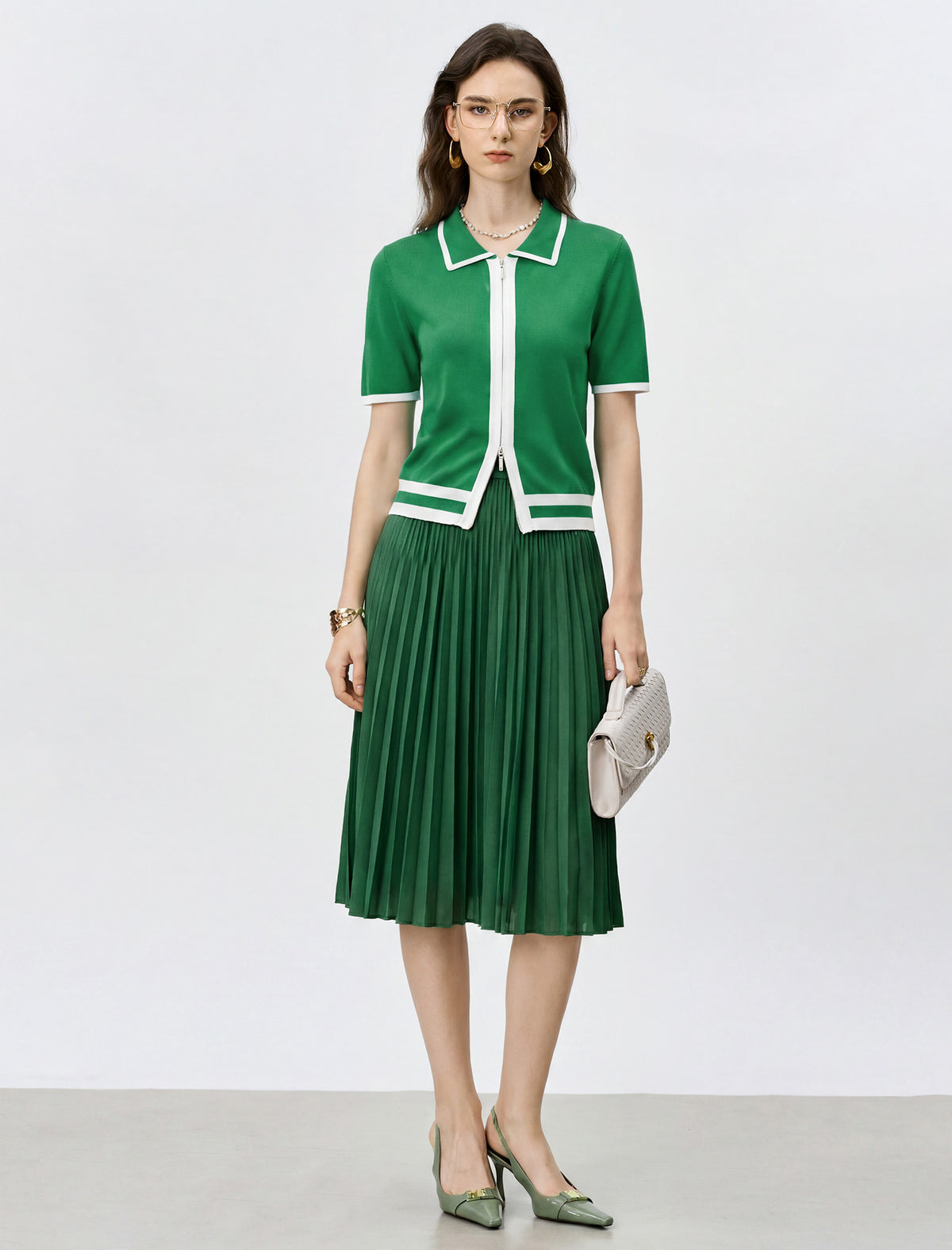 Collared Zip‑Up Knit Short Sleeve Cardigan