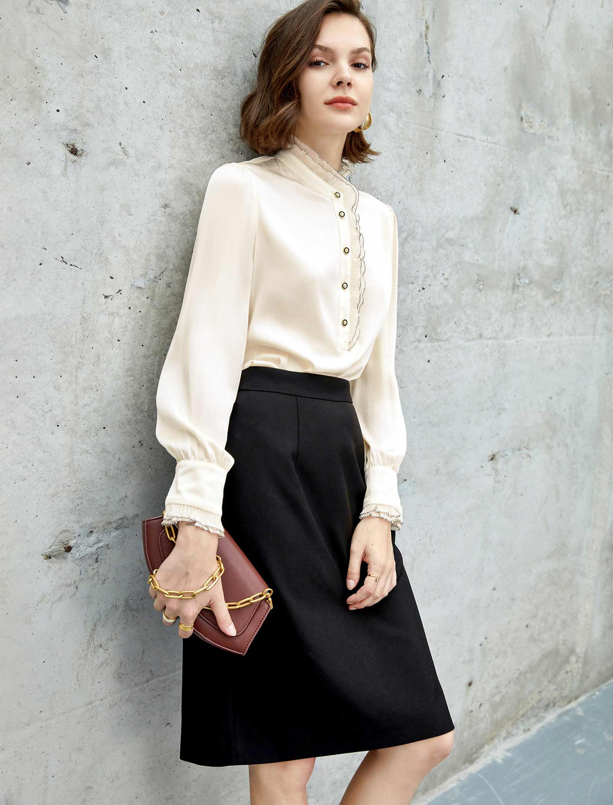 Lace Trim Mandarin Collar Blouse