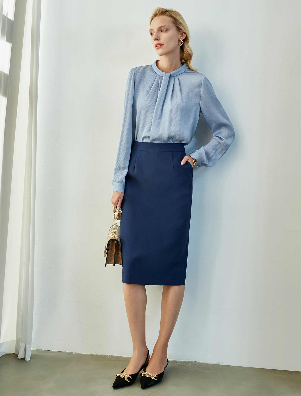 Light Blue Pleated Mock-Neck Blouse