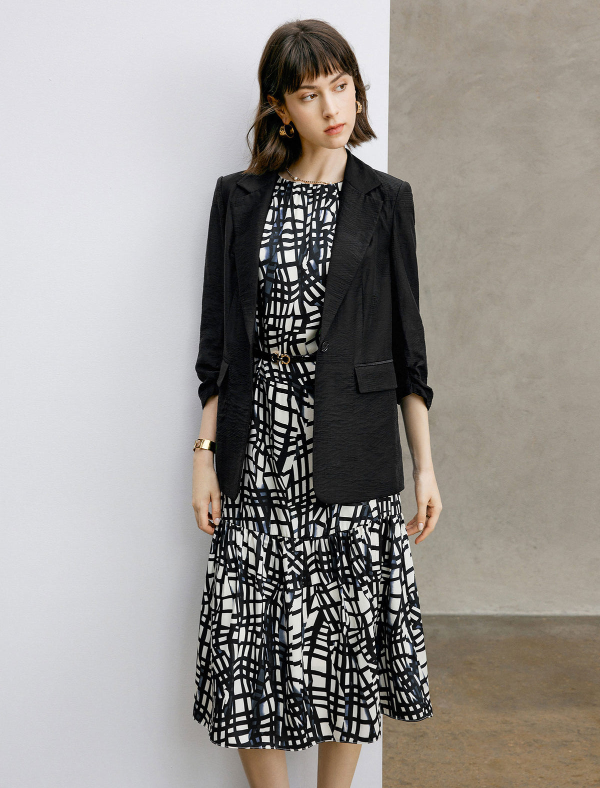 Tencel Ruched Sleeves Textured Tailored Blazer