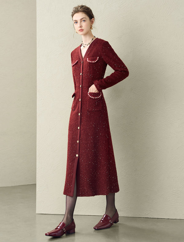 Sparkle Wool Blend V-Neck Button-Front Midi Dress
