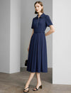 Navy Gold Zip Collar Belted Pleated Midi Shirt Dress