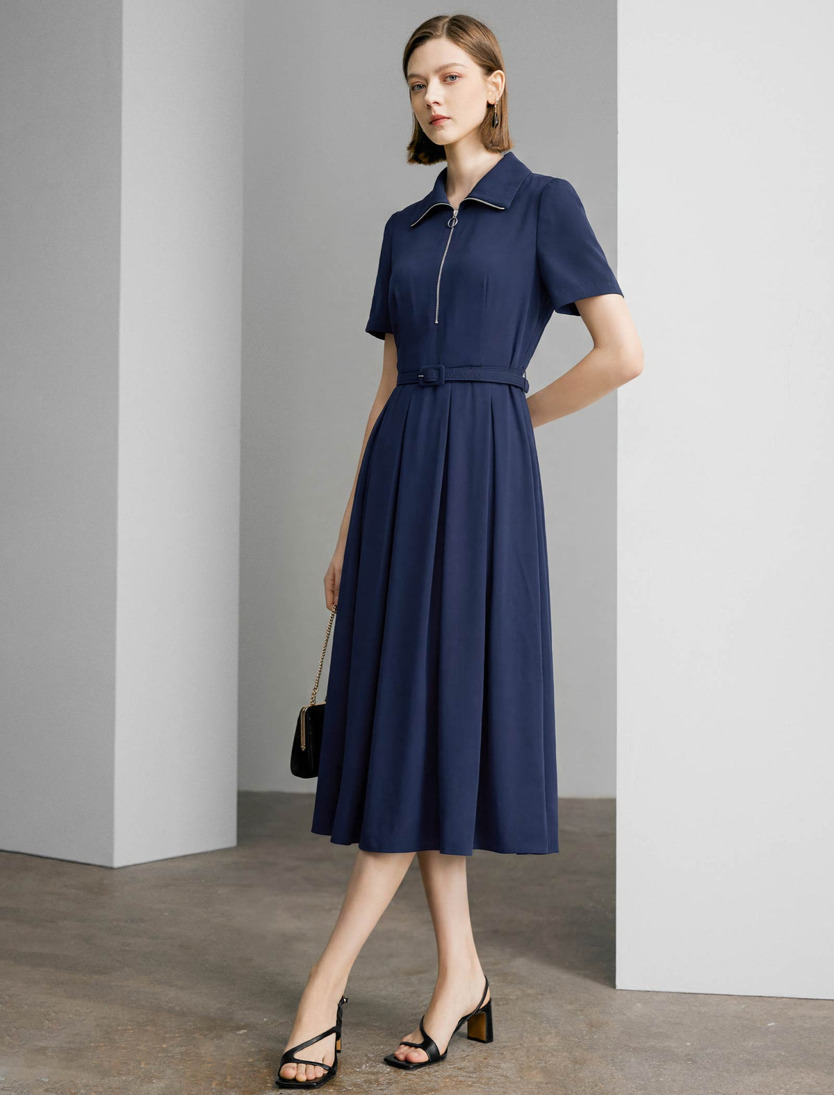 Navy Gold Zip Collar Belted Pleated Midi Shirt Dress