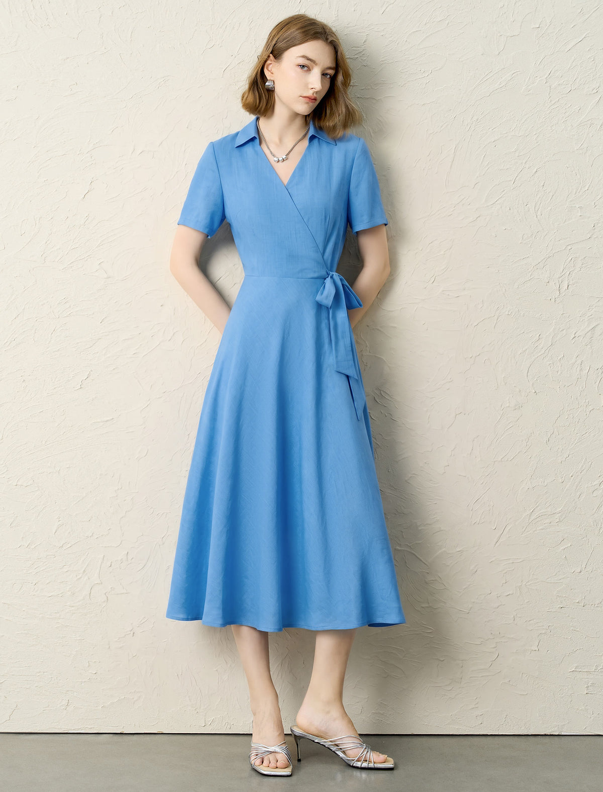 French Lapel Wrap Waist Midi Dress