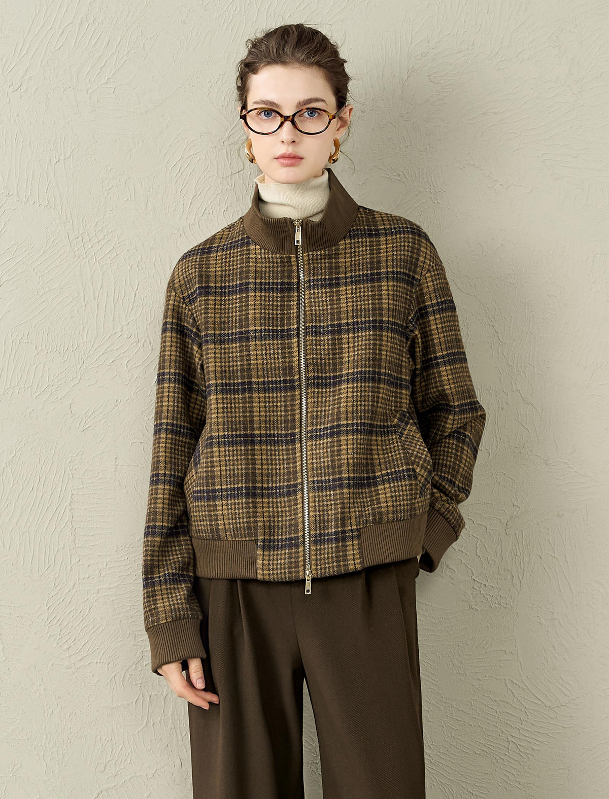Plaid Wool-Blend Zip Front Jacket