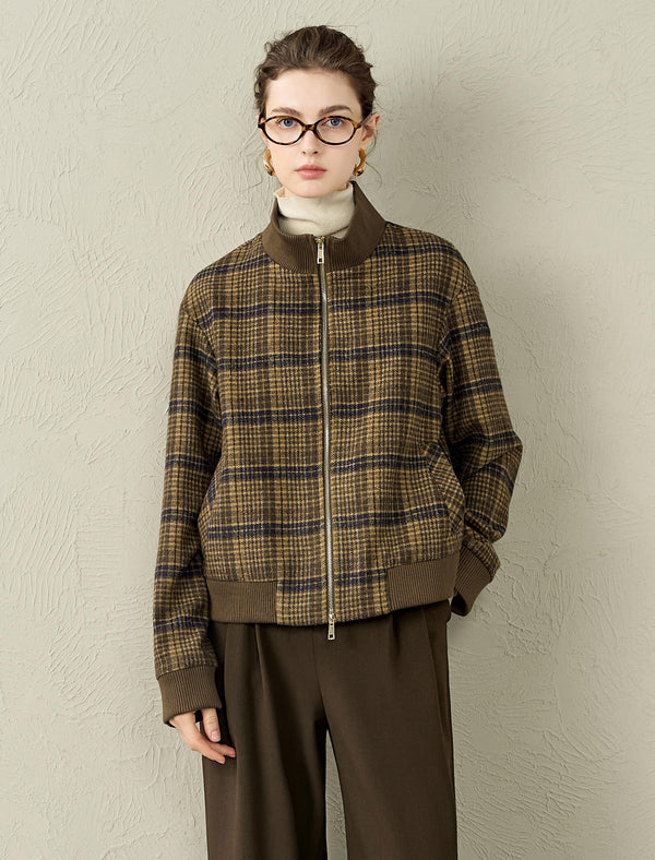 Plaid Wool-Blend Zip Front Jacket