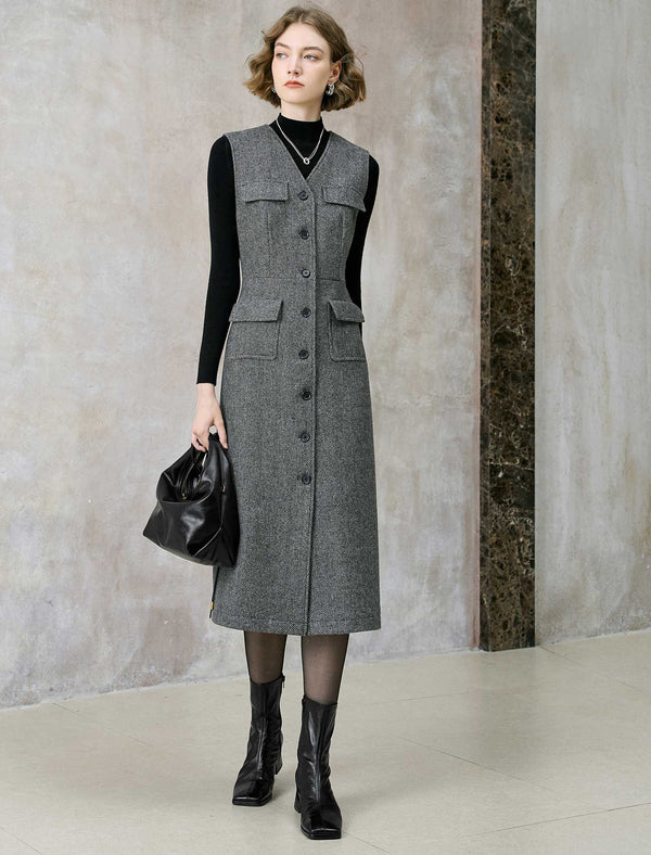 Wool-Blend Sleeveless Tweed Midi Dress