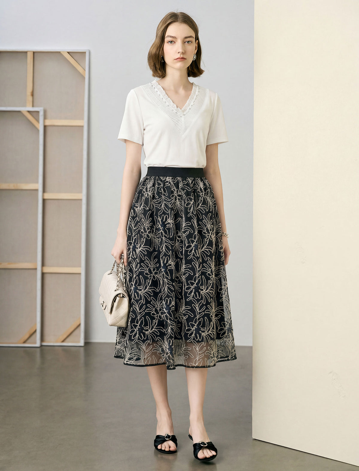 V‑Neck Pleat‑Detail Short‑Sleeve Top