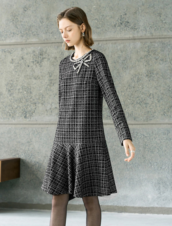 Tweed Plaid Bow Detail Dress