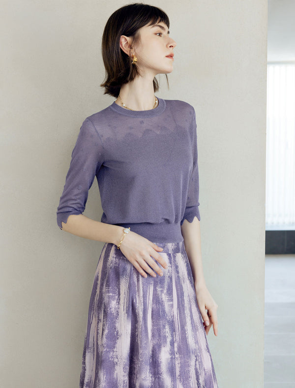 Wavy Texture Scalloped Cuffs Knitted Pullover