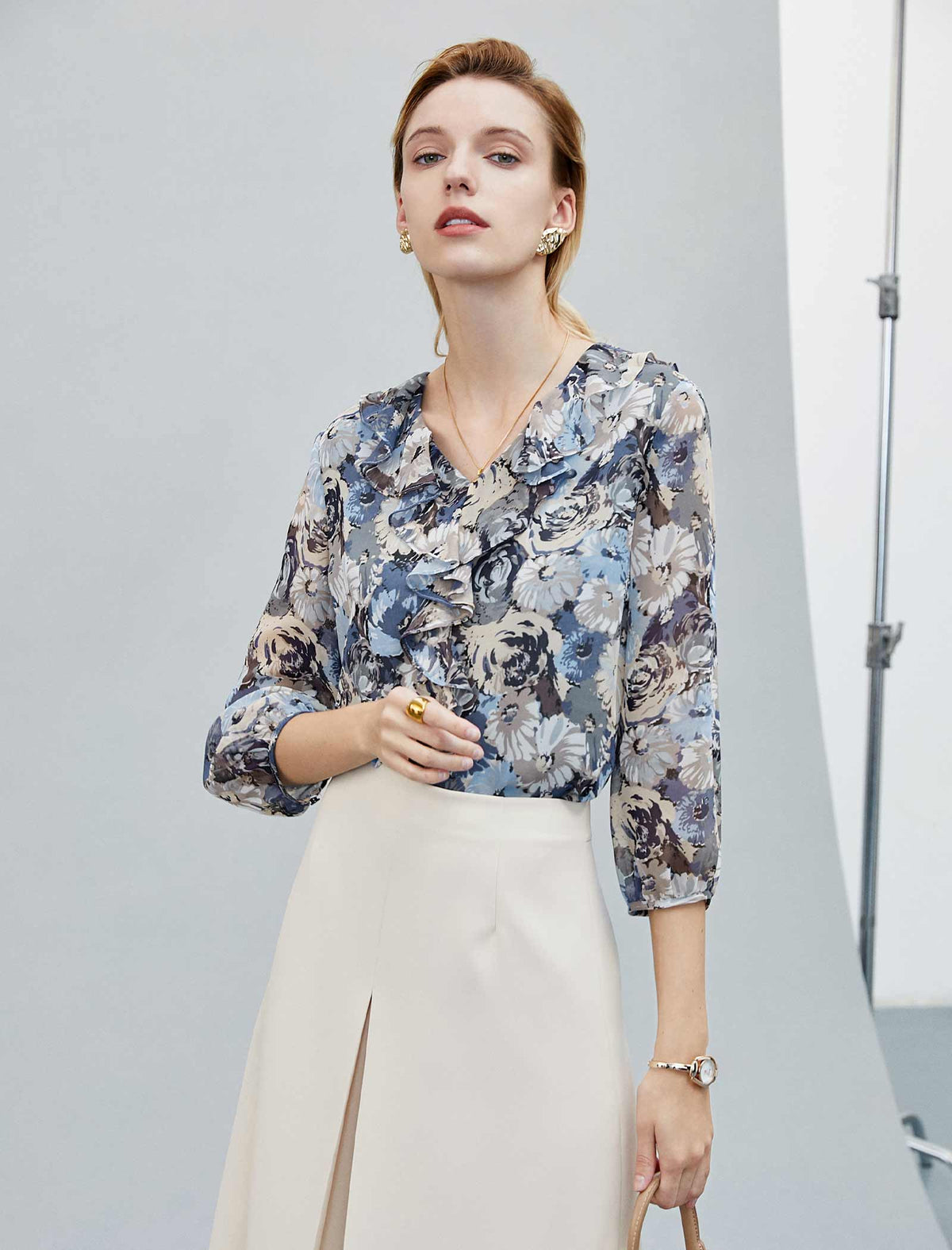 Floral Ruffled 3/4 Sleeve Blouse