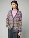 Wool and Mulberry Silk Blend Geometric V-Neck Button-Front Cardigan