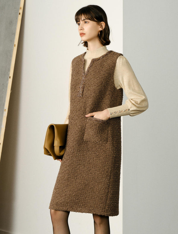 Brown Wool Loose Sleeveless Midi Dress