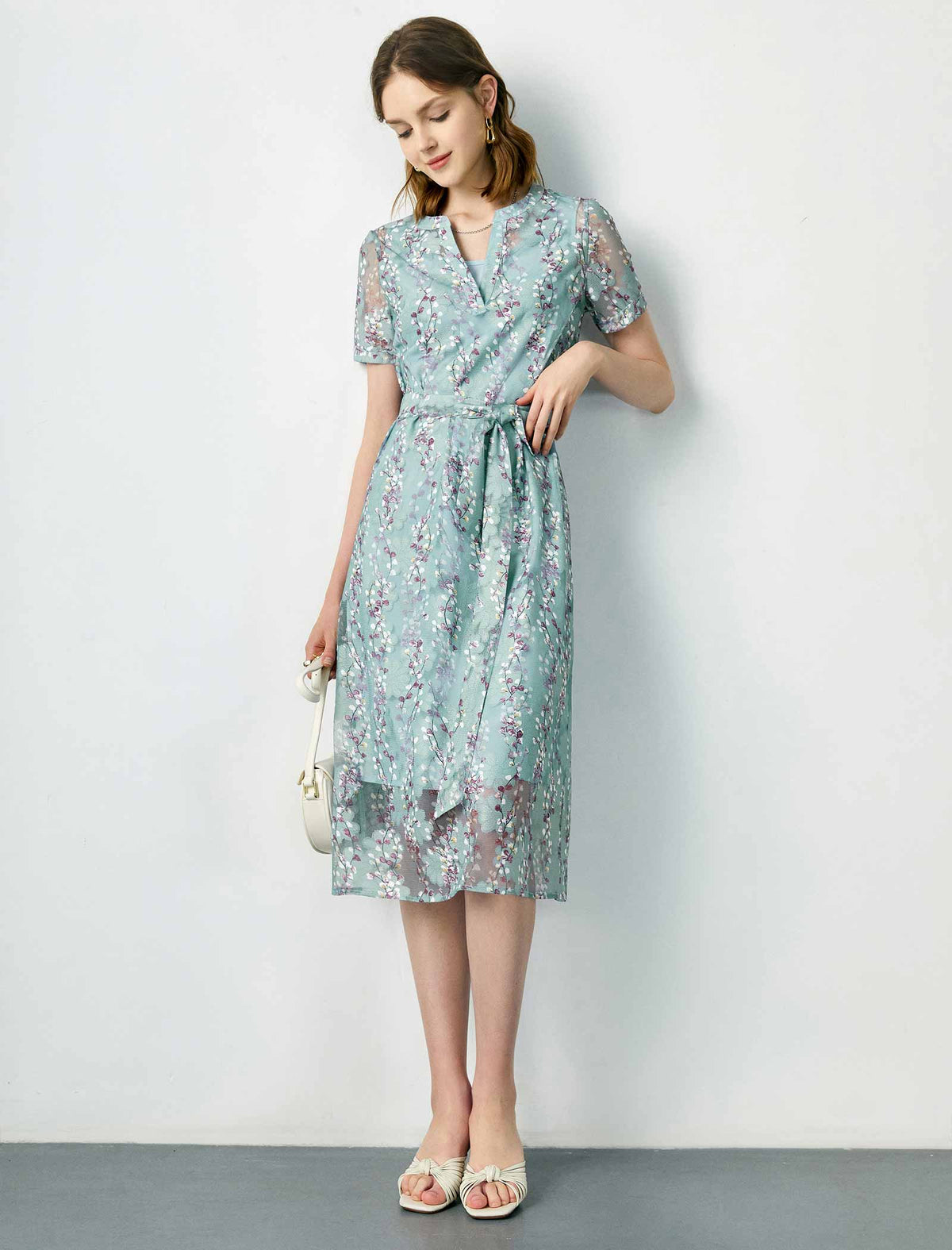 Lace Floral Waist-Cinched Dress