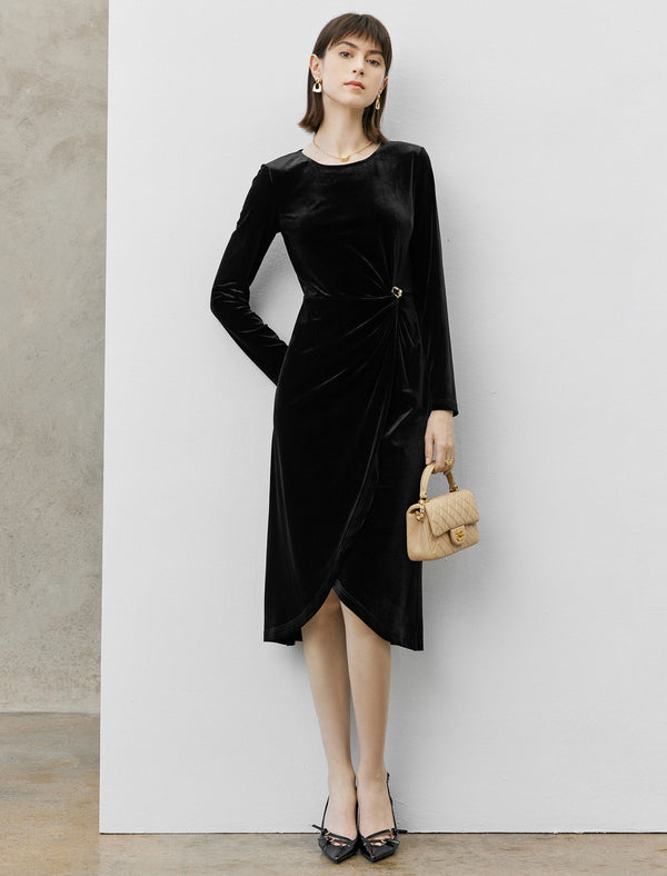 Black Velvet Irregular Hem Long Sleeve Midi Dress