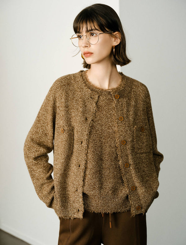 Wool Blend Vintage Round Neck Knit Cardigan