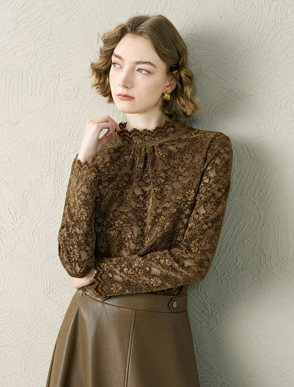 Floral Lace Mock Neck Ruched Blouse
